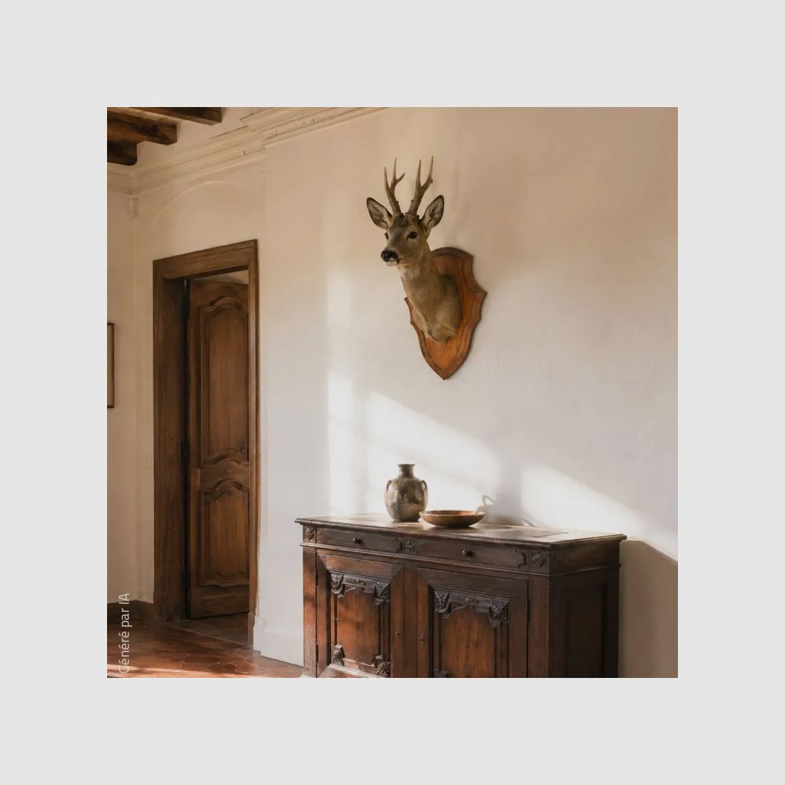 Ecusson chasse trophée chevreuil chêne foncé ciré 40x25cm, image 2 sur 4