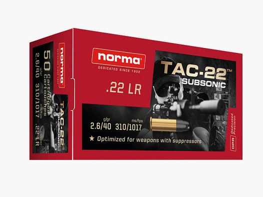 Cartouches Norma 22LR 2.6G/40GR TAC-22 Subsonic Hollow Point (Spécial Silencieux) Boite de 50