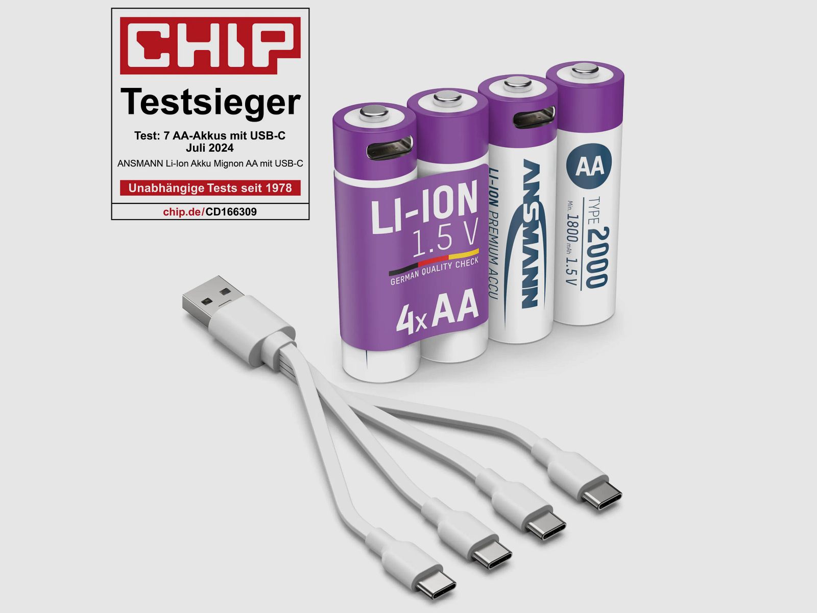 Pacco da 4 batterie AA Li-Ion Ansmann con cavo di ricarica