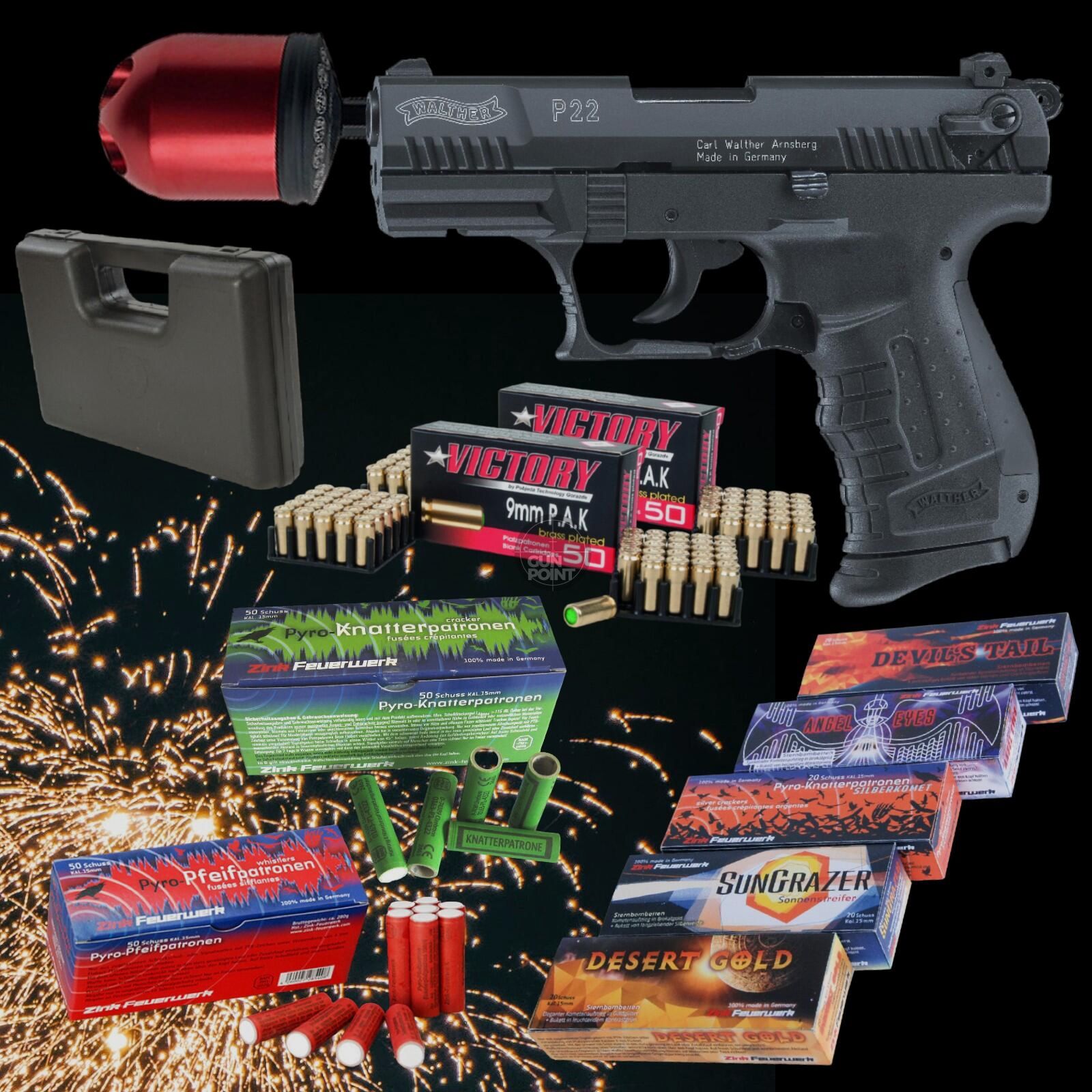 ALL IN ONE MEGASET !!! Schreckschuss - Pistole - Walther P22 - 9 mm P.A.K. inkl. Koffer, Multi Abschussbecher, 100 Platzpatronen & 202 Schuss Effektmunition