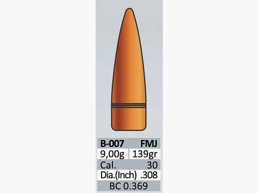 100 Stück PPU | PrviPartizan Geschosse #B-007 | Cal. 30 / Dia .308 - 139grs / 9g FMJ Vollmantel