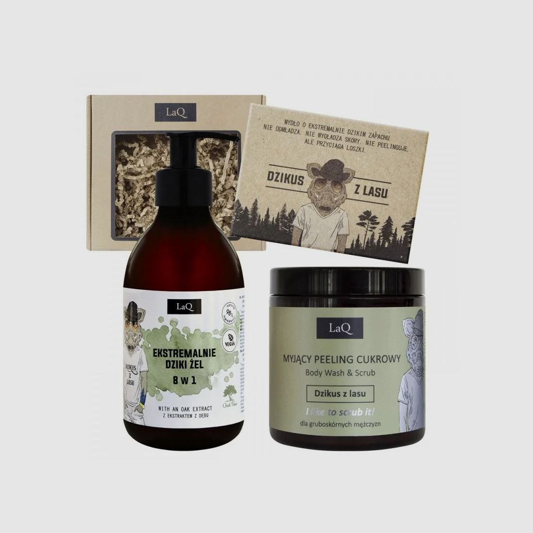 LAQ-Kosmetikset – DZIKUS Z LASU – Duschgel 300 ml + Peeling 200 ml + Seife 85 g