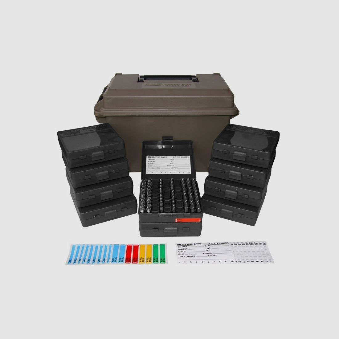MTM scatola per munizioni ACC9 dark earth per 1000 cartucce inclusi 10 scatole per cartucce P-100-9 per 9mm e inferiori.