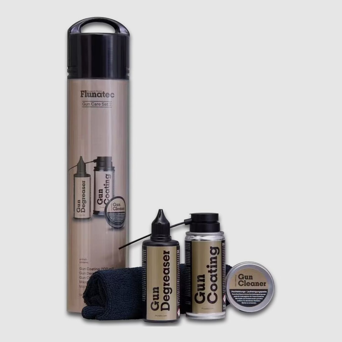 Set d'entretien d'armes Fluna n° 2 avec dégraissant, nettoyant (pâte de nettoyage du canon), revêtement et chiffon en microfibre (GDR100+GC100+GCL50)