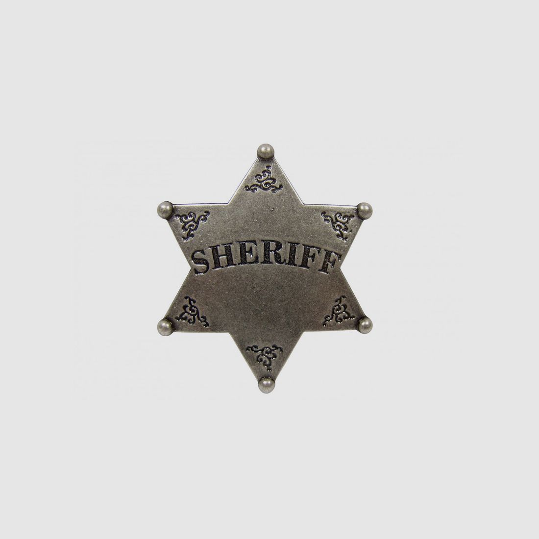 Sheriff Stern mit Kugelspitzen Metall MaĂźe 7,5 cm Anitk Finish