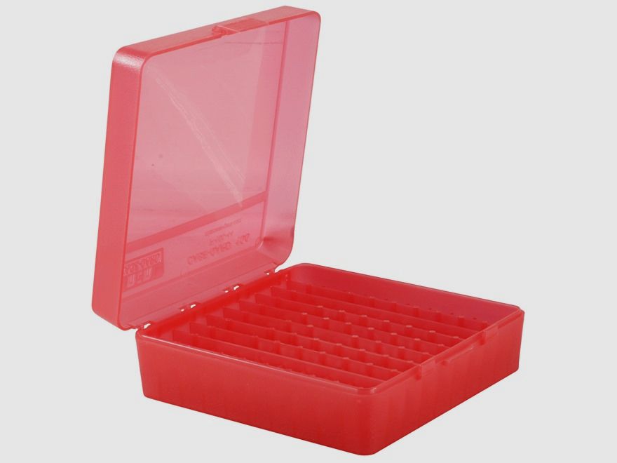 MTM scatola per cartucce P-100-44-29 rossa trasparente con coperchio a ribalta per 100 cartucce .44 Mag. e altre.