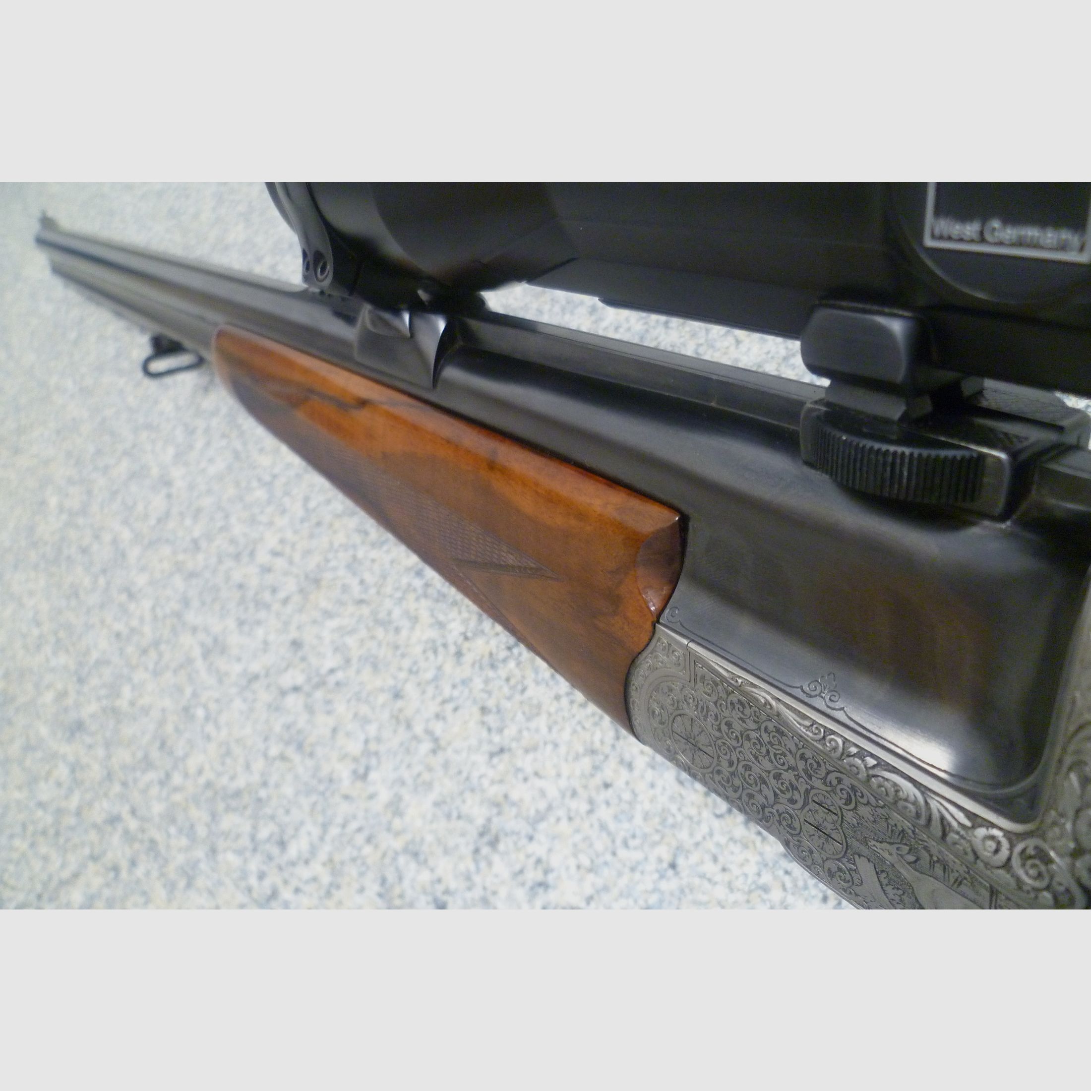 Seitenschloss - Bockdrilling Ludwig Borovnik Ferlach 16/70 & 7x65R & .22 Hornet