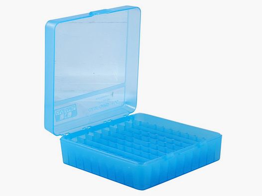 Boîte à cartouches MTM P-100-44-24 bleu clair avec couvercle rabattable pour 100 cartouches .44 Mag. et autres.