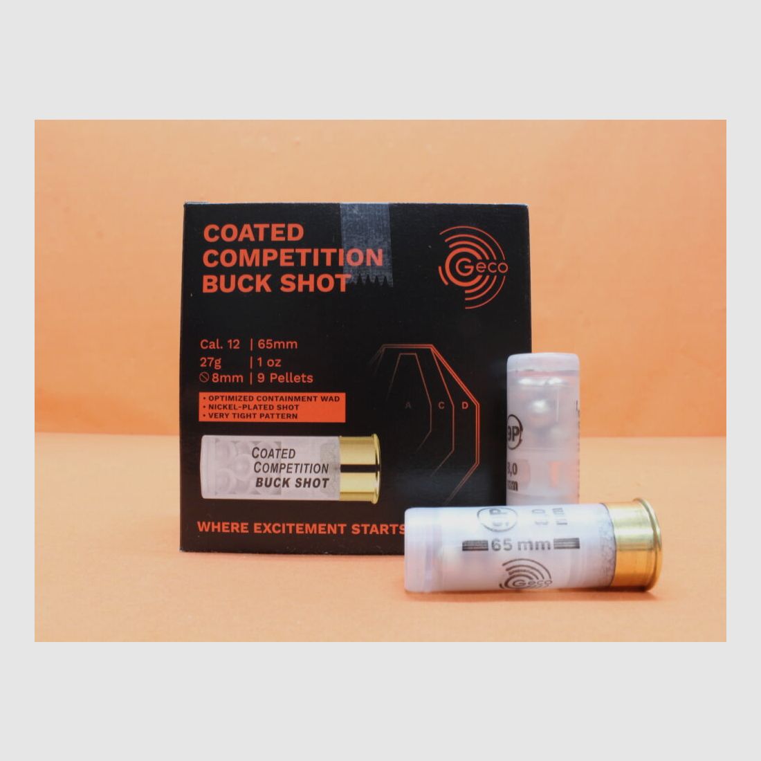 GECO cartridge 12/65 GECO 8mm/ 9P/ 27g Buck (2400232) packaging unit 25 cartridges (Coated Competition Buck Shot)