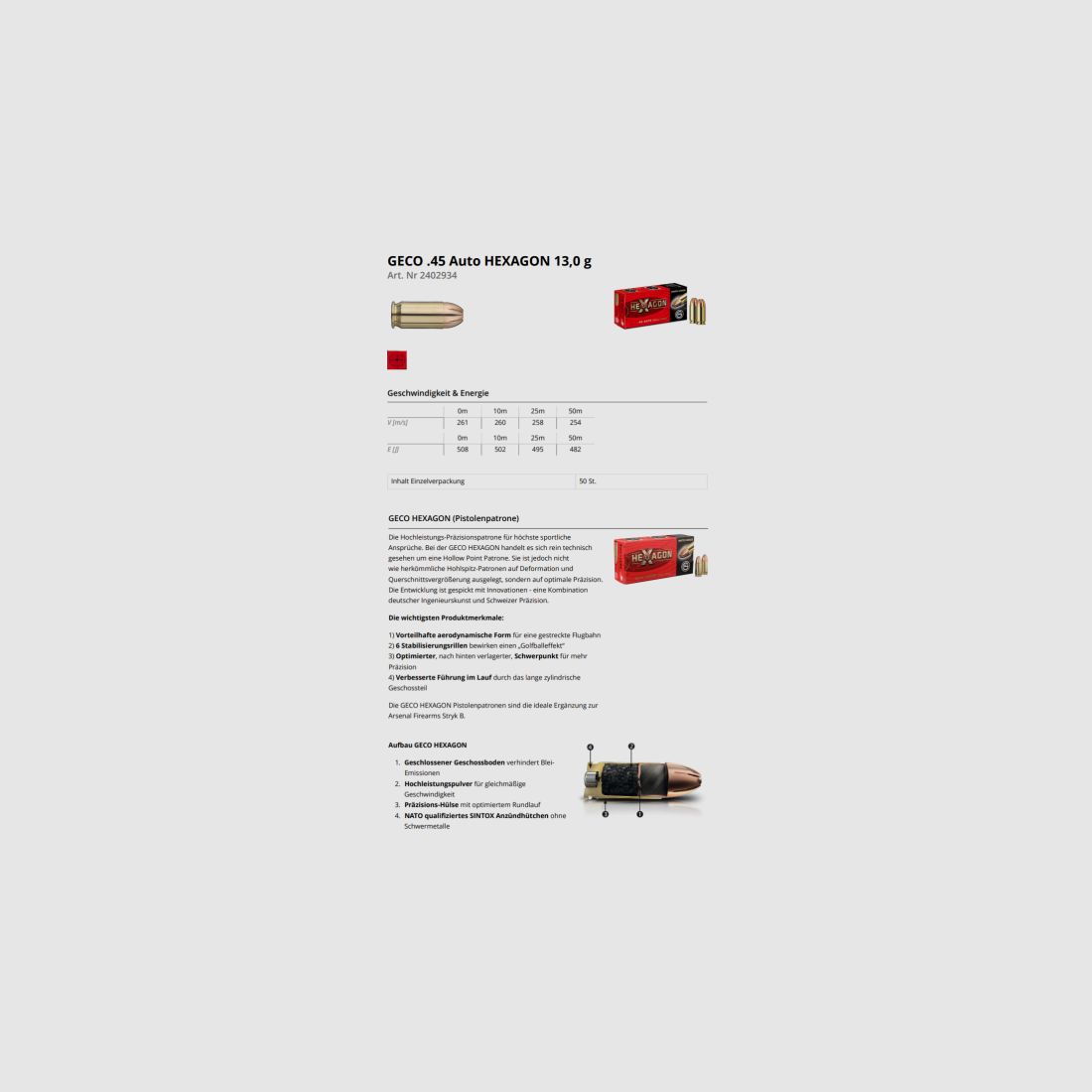 GECO Pistolenmunition .45Auto HEXAGON 50 Stk  13,0g/200grs