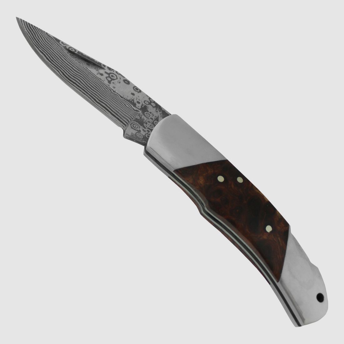 Damascus pocket knife with root wood handle