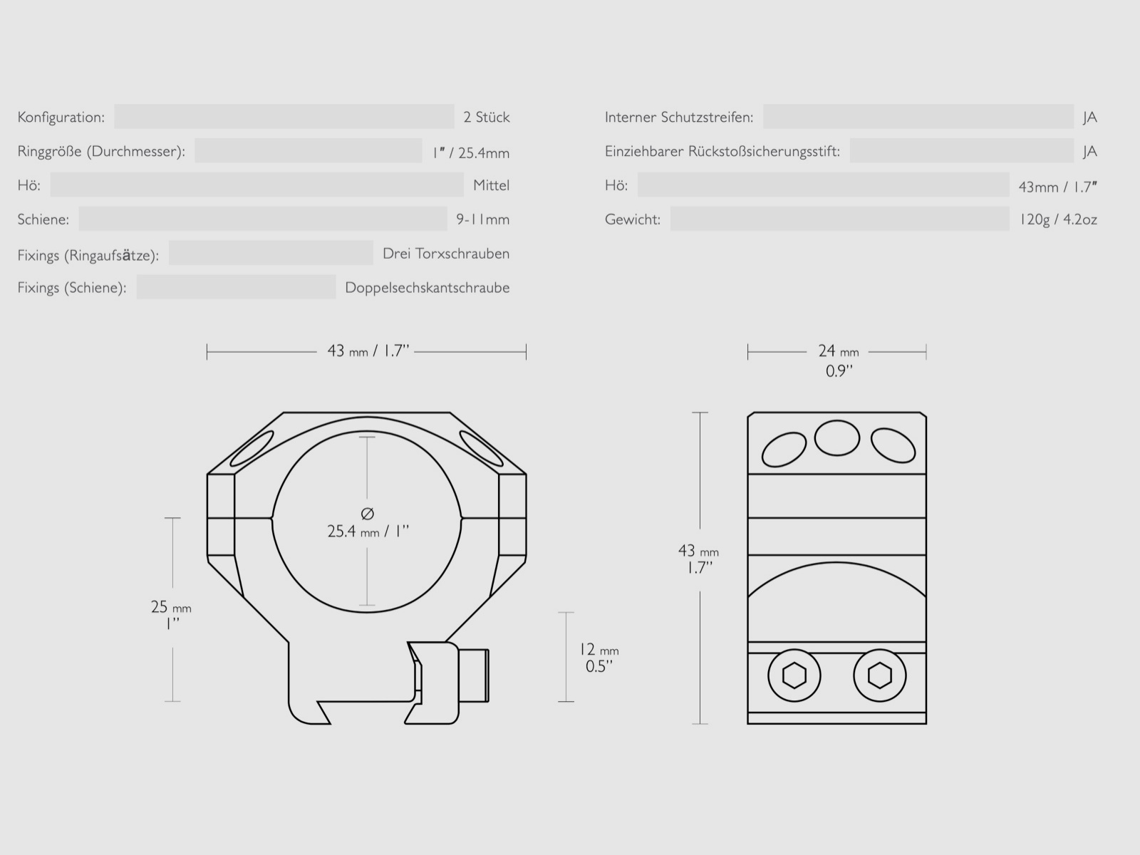 Hawke 24101 Taktische Ringmontagen 1" 2 Stück 9-11mm Mittel