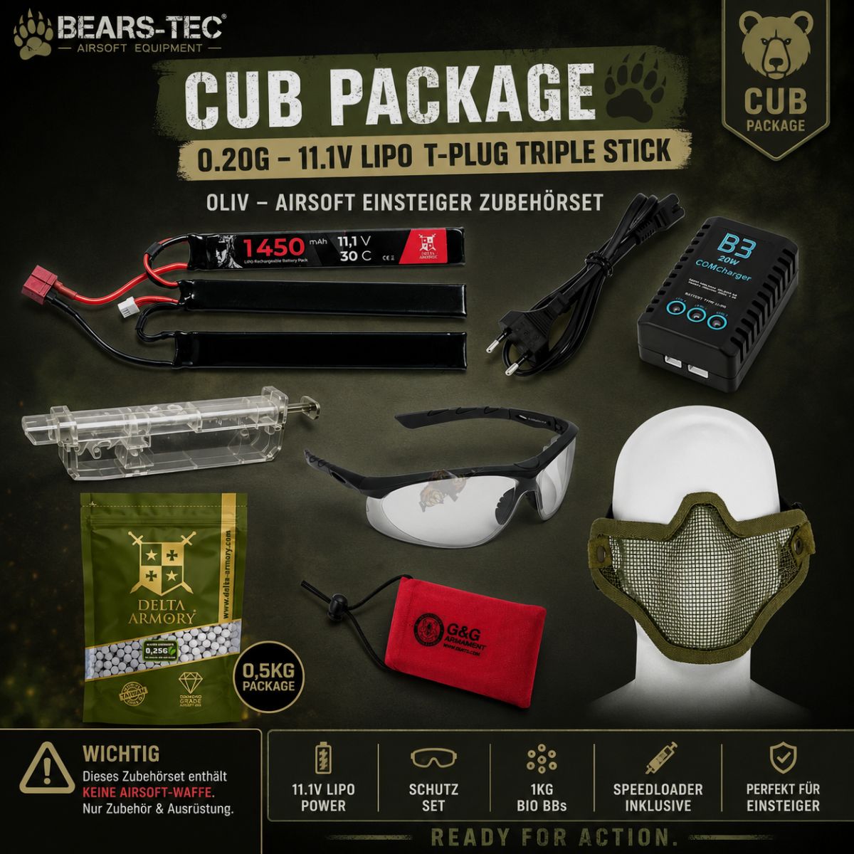 Cub Package 0.20g – 11.1v LiPo T-Plug Triple Stick Oliwkowy – Zestaw Akcesoriów dla Początkujących do Airsoftu
