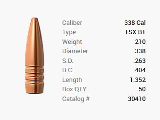 Balas Barnes .338/.338 210GR TSX BT 50 piezas