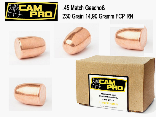 .45 ACP 230 Grain Rund RN 14,90 Gramm Ø .451 11,46mm FCP Vollmantel CamPro Match 500 Geschoße K67