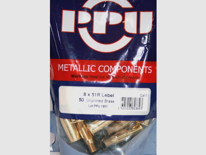 50 Stück > NEUE PPU/PrviPartizan Langwaffenhülsen 8x51R Lebel (Boxerzündung)/Unprimed Brass #C417