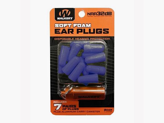 WALKERS GAME EAR FOAM EAR PLUGS BLUE W/ ORANGE CARRY CANNISTER 7-PK