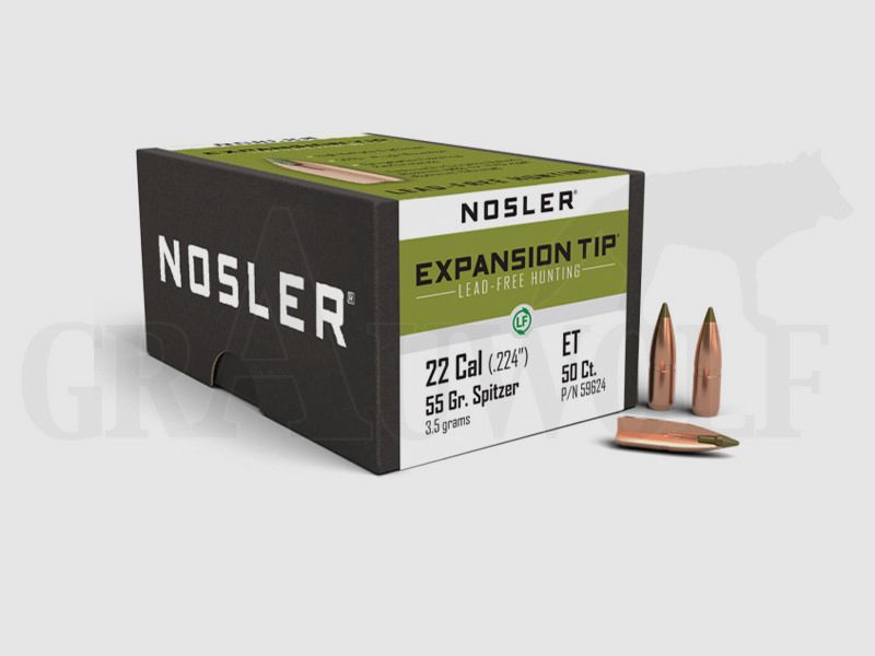 .224 / 5.6 mm 55 gr / 3.6 g Nosler E-Tip Lead-Free Bullets 50 Pieces
