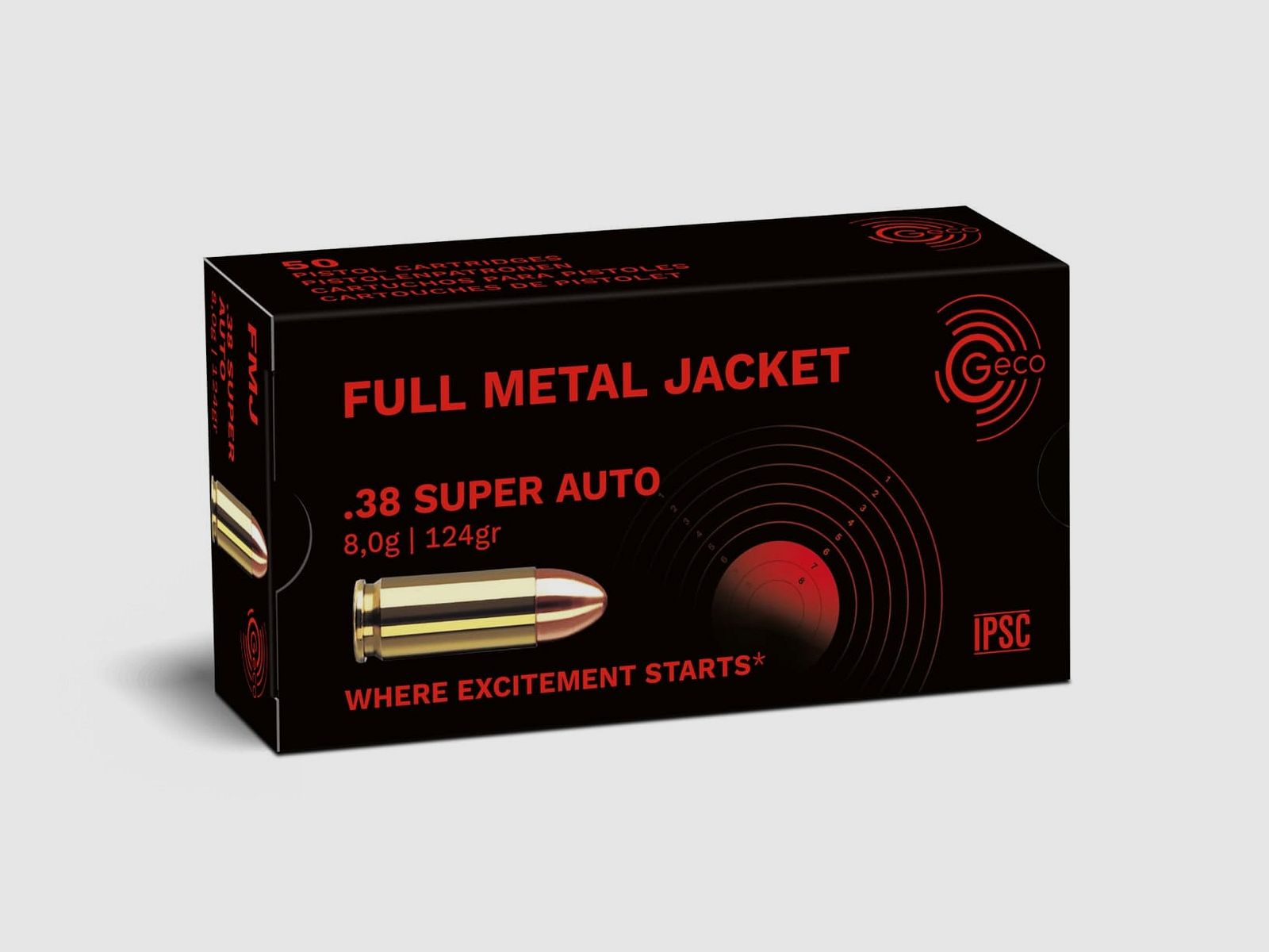 GECO kal. 3.. pistool .38SuperAuto VM 50 stuks 124grs/8,0g, afbeelding 1 van 3