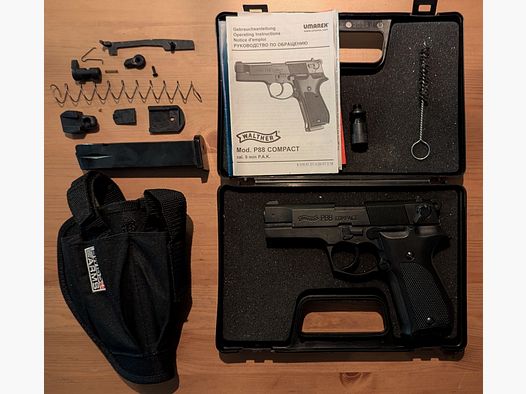 Umarex Walther P88 Compact 9mm Schreckschuss inkl. Holster, Ersatzmagazin, Abschussbecher, Reinigungsbürste, Transportkoffer und Ersatzteilset.