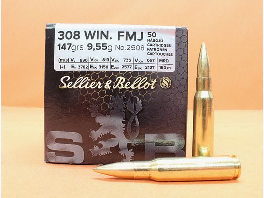 Patrone .308Win S&B/ Sellier&Bellot 147grs FMJ (2908/2) VE 50 Patronen/ 9,55g Vollmantel