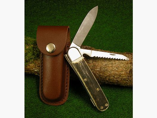 Cuchillo de caza original " LEEGEBRUCH " 2 piezas sierra y hoja con mango de cuerno de ciervo y funda de cuero hoja de acero 440 fija