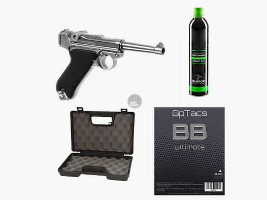 SET !!! Softair - Pistole - WE - P08 Full Metal GBB silver - ab 18, ber 0,5 Joule