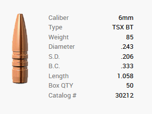 Barnes bullet 6mm/.243 85GR TSX BT 50 pieces