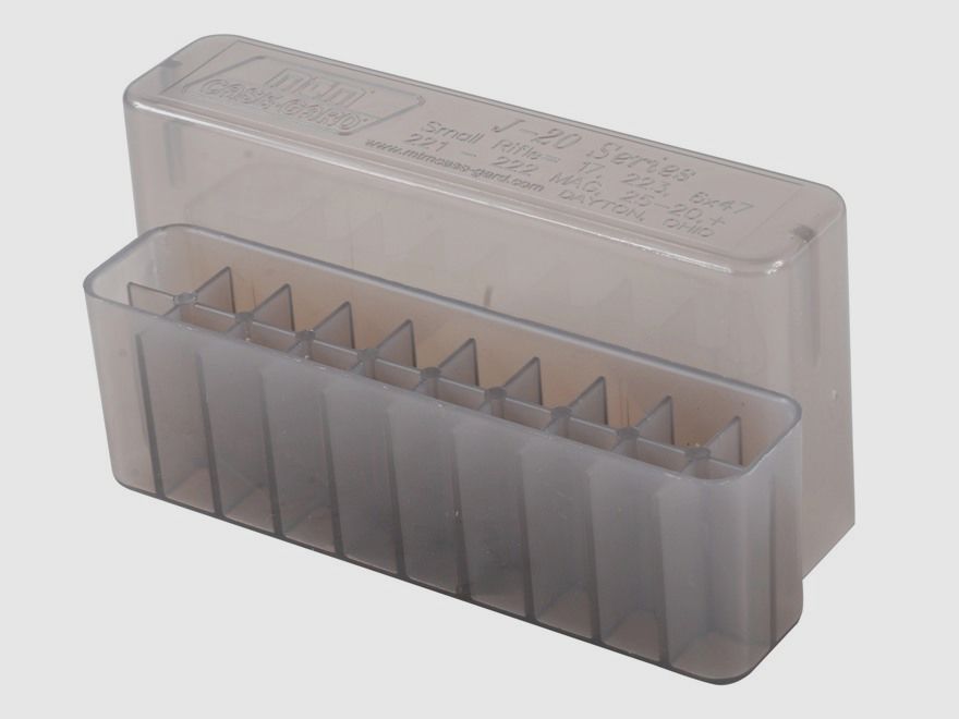 MTM scatola per cartucce J-20-XS-41 trasparente con coperchio per 20 cartucce .17 e inferiori.