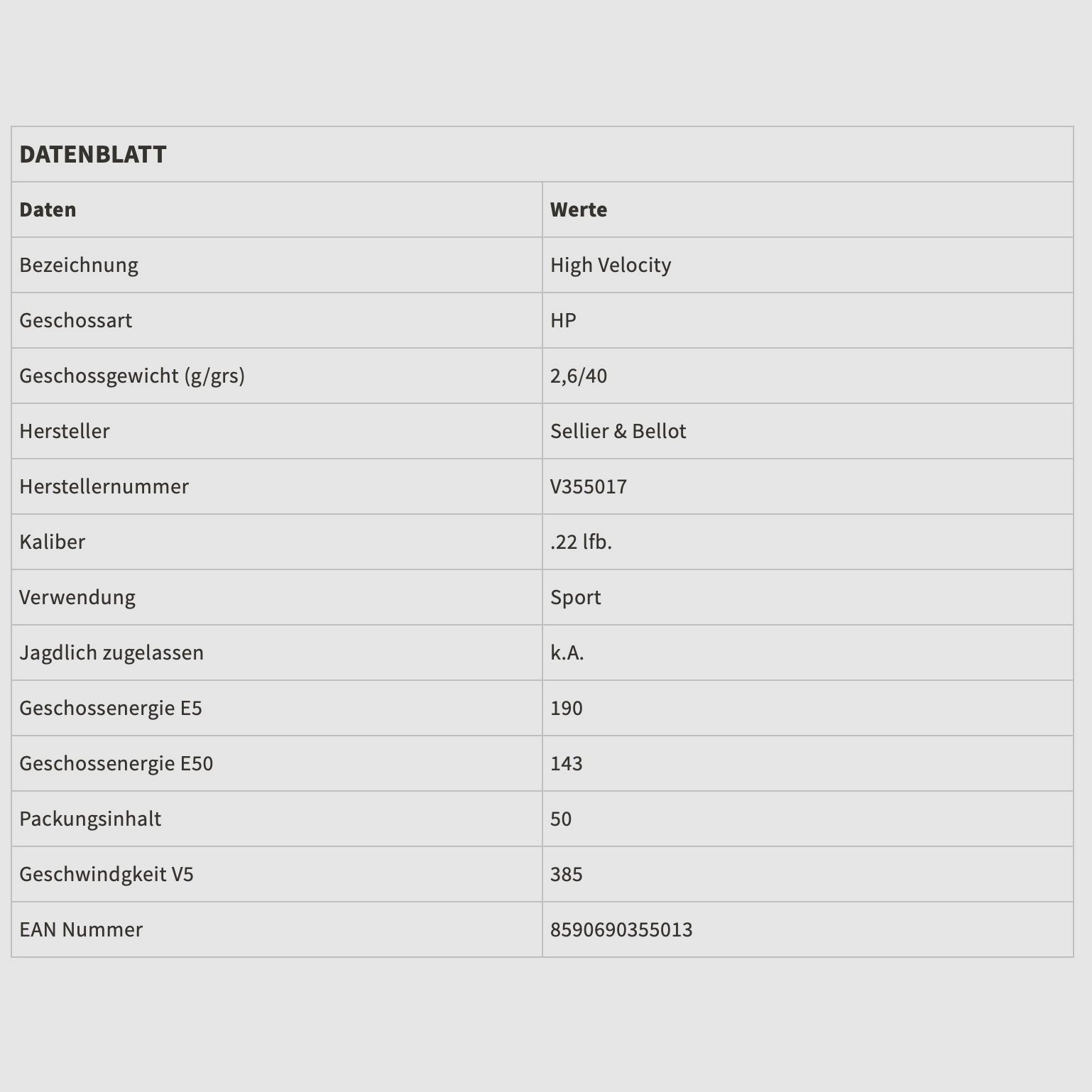 Sellier & Bellot 136562 .22lr High Velocity HP 2,60g 40grs 50 Stk.