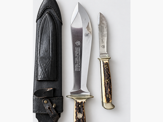 Original PUMA Waidbesteck nach Frevert 3588/3587 – Waidblatt + Jagdnicker + Lederscheide