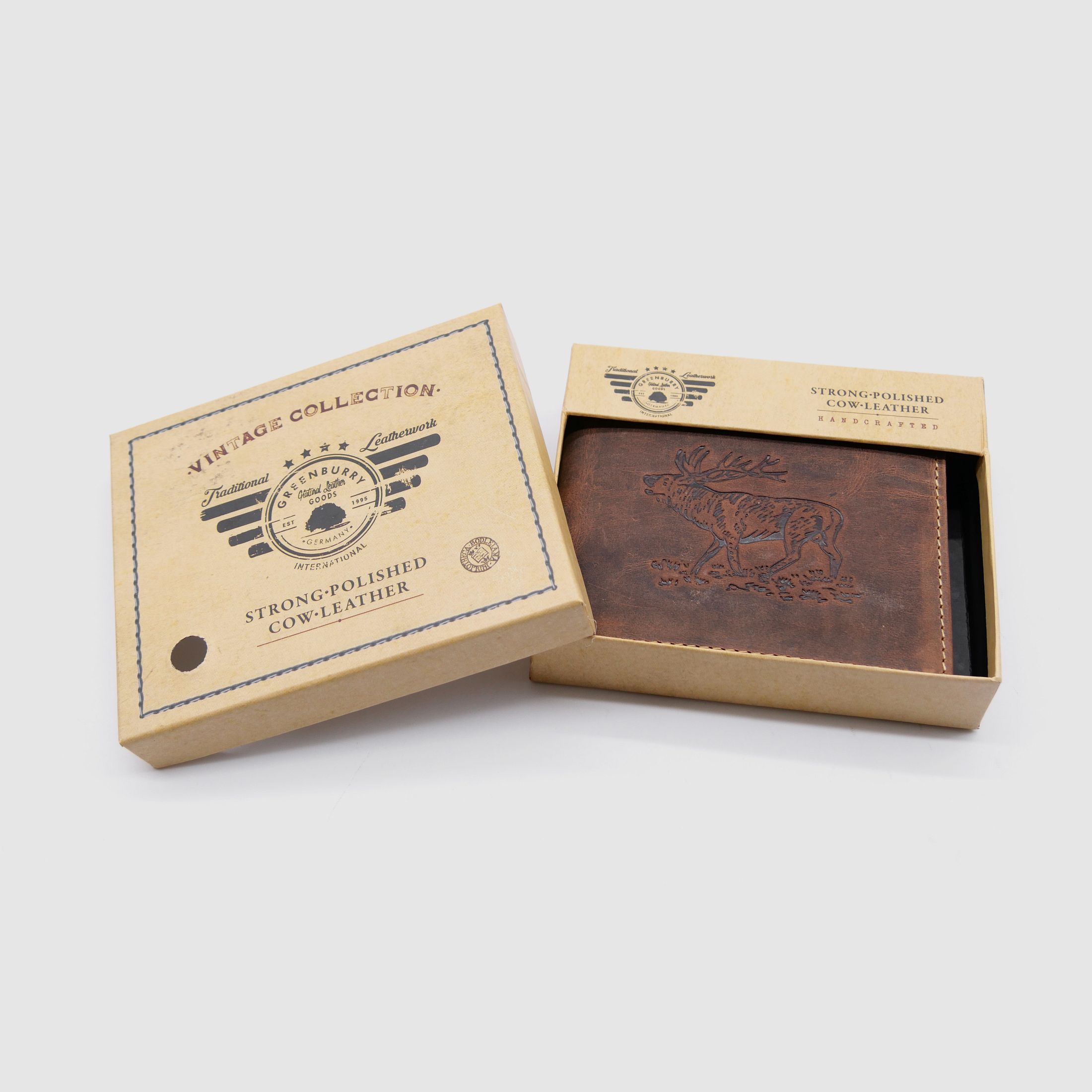 Billetera de cuero Greenburry marrón Vintage Animal Collection ciervo stag 1705-stag-25