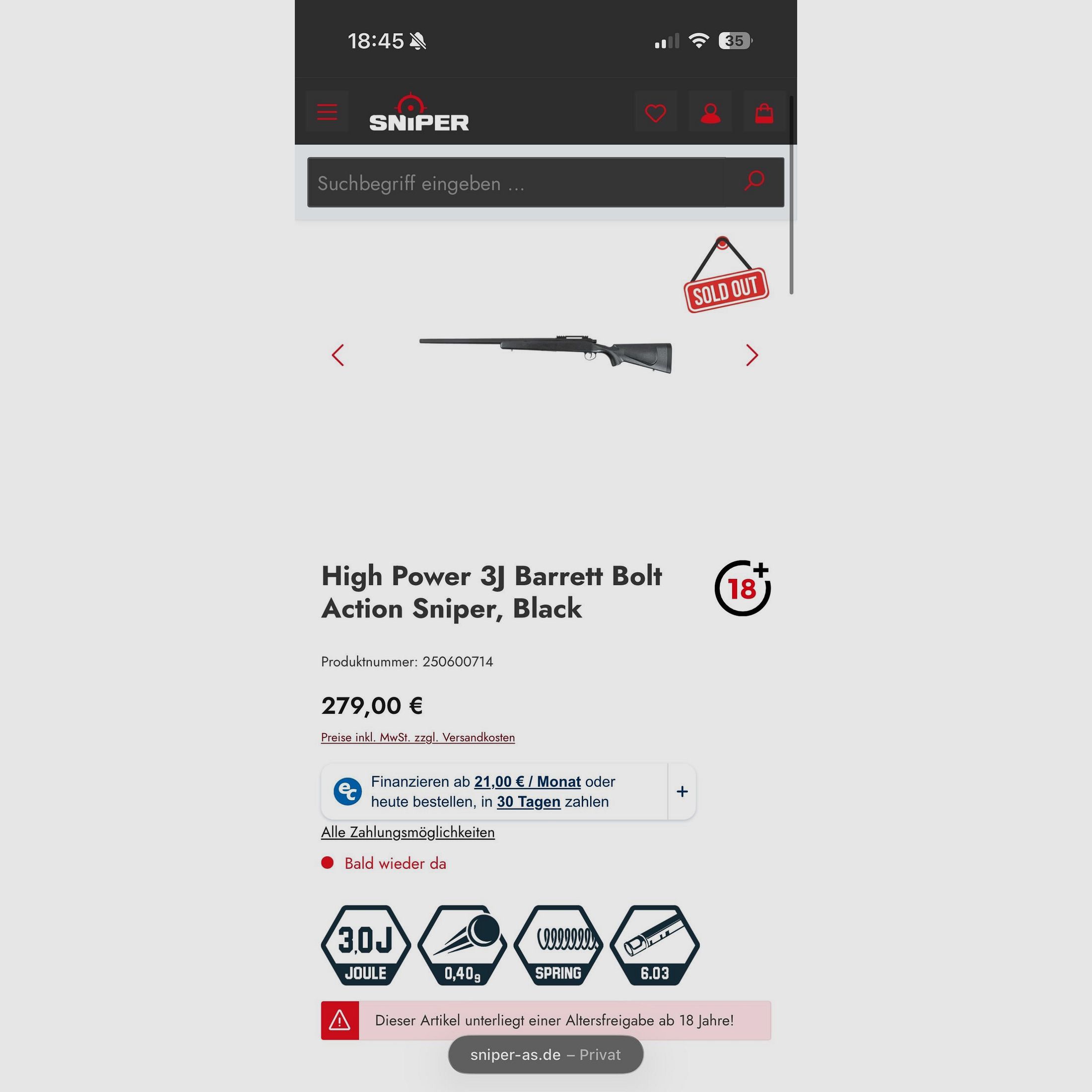 High Power 3J Barrett Bolt Action Sniper, Schwarz