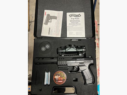 Walther Nighthawk Set, CO2, luchtpistool, incl. optic (reddot), compensator & koffer,