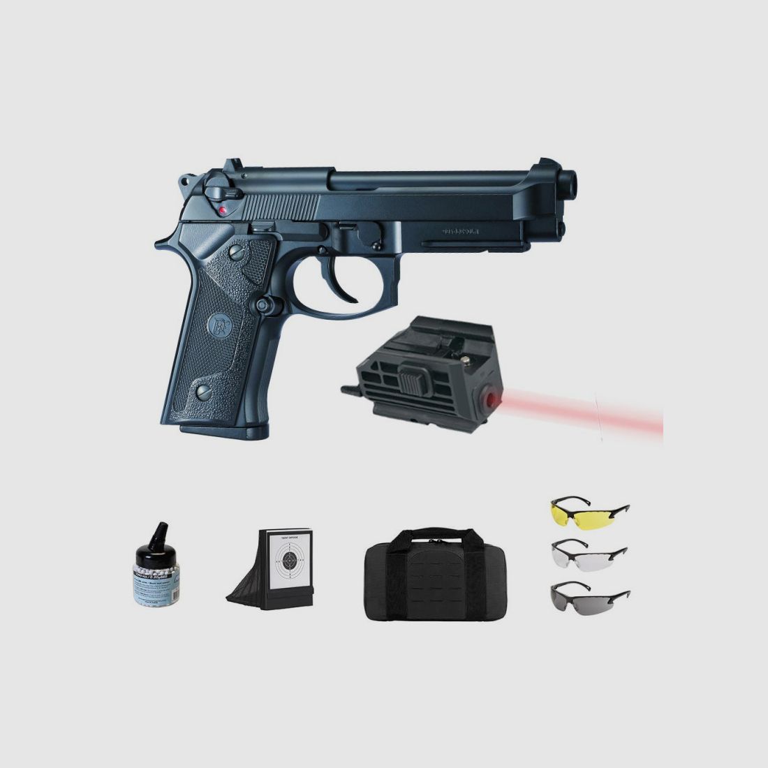 Pacchetto Airsoft - Pistola KJM9 VE + Custodia + Laser + Bersaglio + Cannocchiale + Pallini, immagine 1 di 6