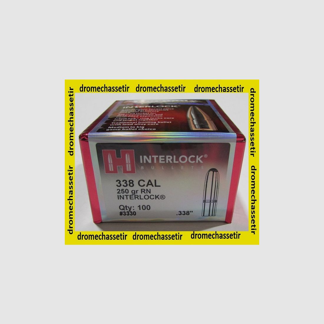 Box mit 100 Geschossen Hornady Interlock SP Kal. 338 Gewicht 250 Grain RN Ref 3330