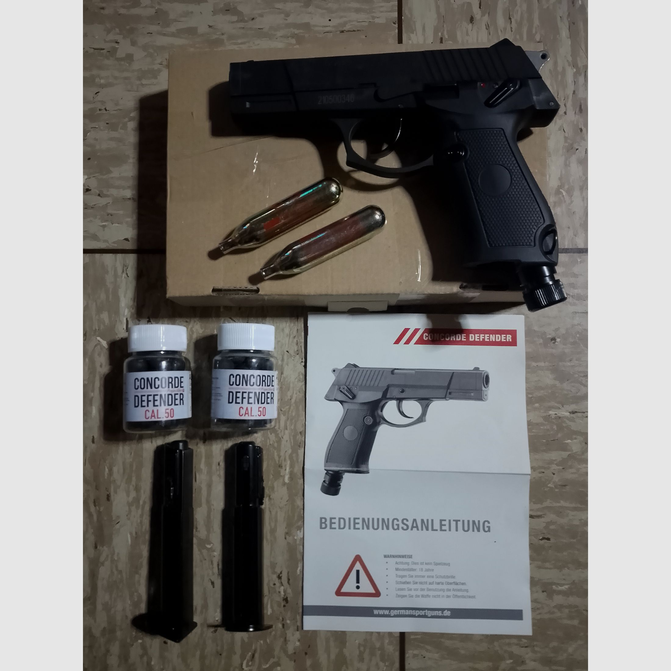 Neuer Concord Defender cal .50 Markierer RAM mit  2 Dosen Rubberballs CO2 Kapseln Set Bedienungsanleitung 