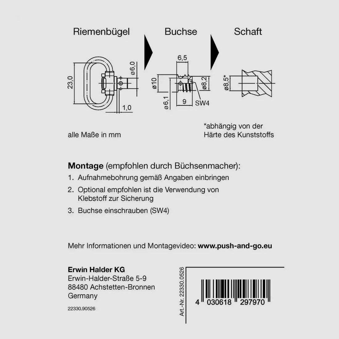 Halder Riemenbügel und Buchse Slim "Push & Go" für Kunststoffschäfte