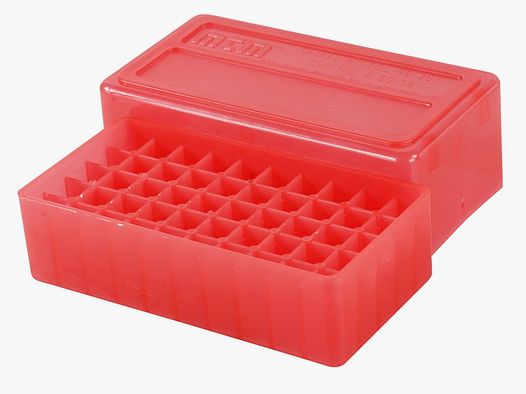 MTM cartridge box E50-38-29 red clear with lid for 50 cartridges .38 Spec. and others.