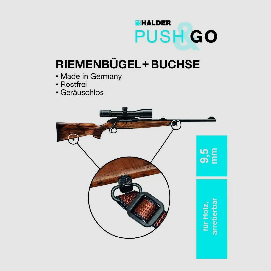 Halder Riemenbügel und Buchse "Push & Go" für Holzschäfte