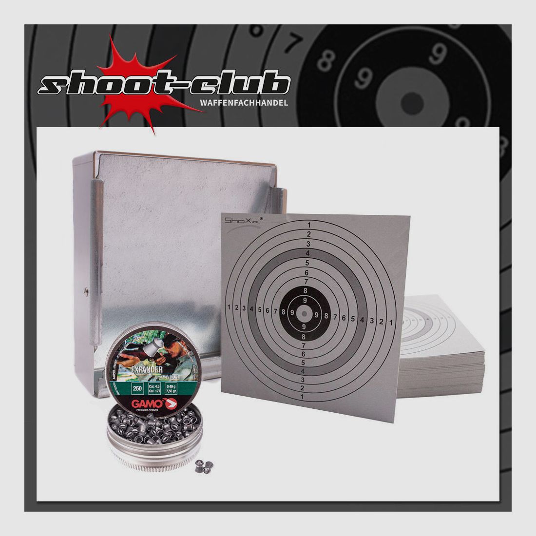 shoot-club GmbH stainless steel bullet trap + 100 target sheets + Gamo expander