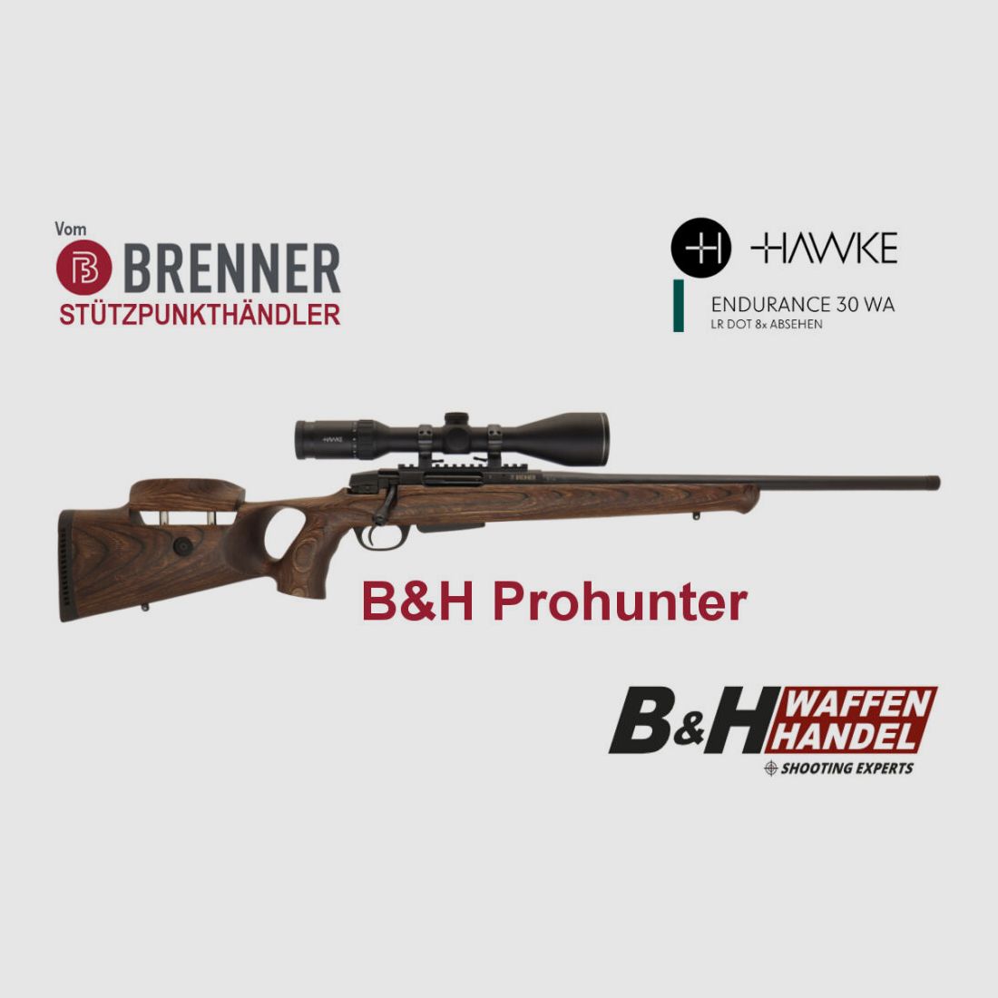 Paquete completo Brenner: BR20 B&H Prohunter culata de agujero con Hawke Endurance 3-12x56 montado listo.