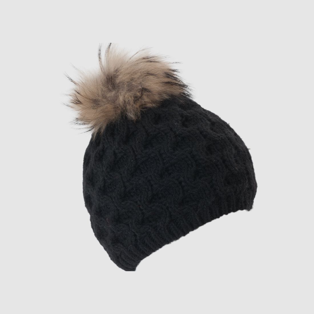 Cappello lavorato a maglia con pompon in pelliccia vera e motivo a nido d'ape