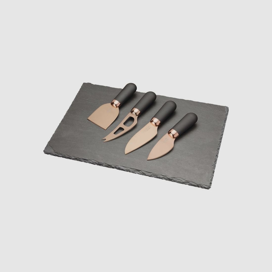 Taylor's Eye Witness cheese knife set, 4 stainless steel knives, titanium coating, soft-grip handles, slate board