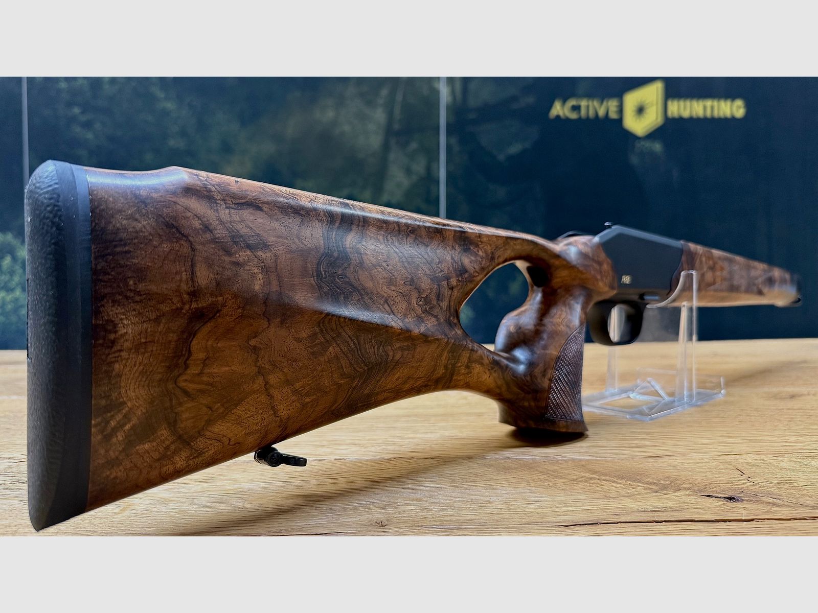 Blaser R8 Holzschaft/Lochschaft mit System, traumhafter, außergewöhnlicher Zubehör-Lochschaft HK 8-9, goldenes R8 Logo