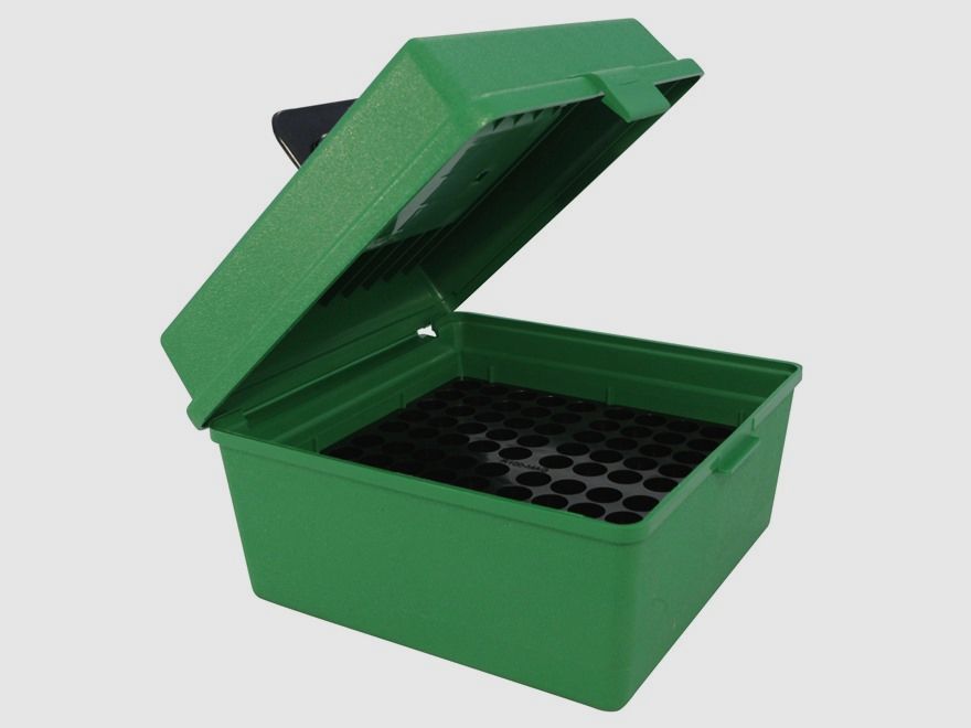 MTM Deluxe scatola per cartucce R-100-MAG-10 verde con coperchio a ribalta e maniglia per 100 cartucce 7mm WSM - .470 Capstick