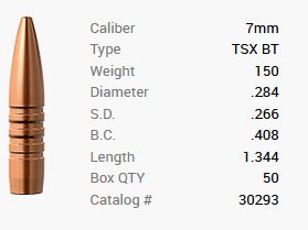 Barnes Geschoss 7mm/.284 150GR TSX BT 50 Stück