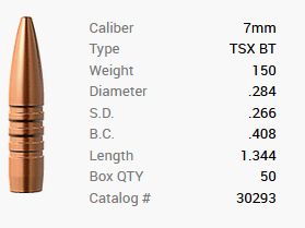 Bala Barnes 7mm/.284 150GR TSX BT 50 piezas
