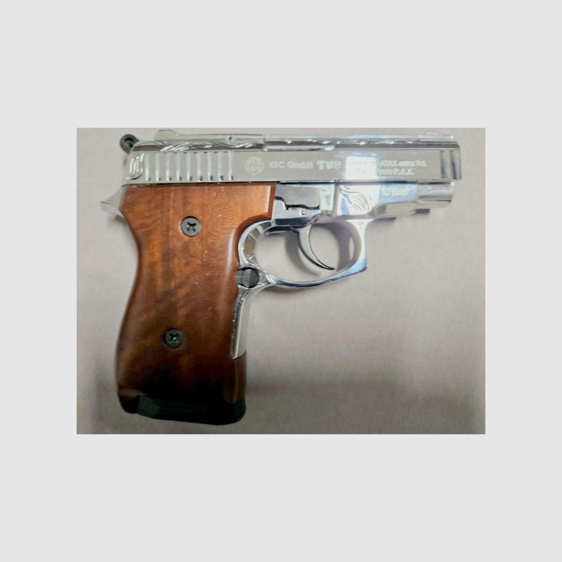 Zoraki 914-P 2024 pistola de fogueo 9mm P.A.K. cromado grabado aspecto madera (PTB 1070) - 914 como nueva!