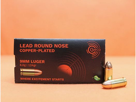 GECO Cartuccia 9mm Luger GECO 124gr CLRN (2318195) VE 50 cartucce (Green Range)/ 8,0g piombo a testa tonda rivestito di rame
